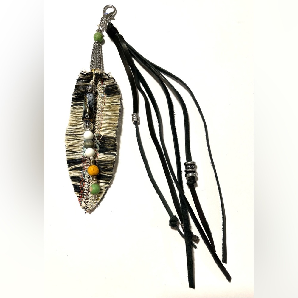 Black Leather Fringe & feather Bag Charm Hippie Boho Purse Tassel keychain charm